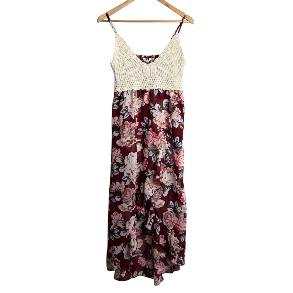 Women's Coquette High Low Faux Wrap Dress Size M Floral Crochet Burgundy Multi